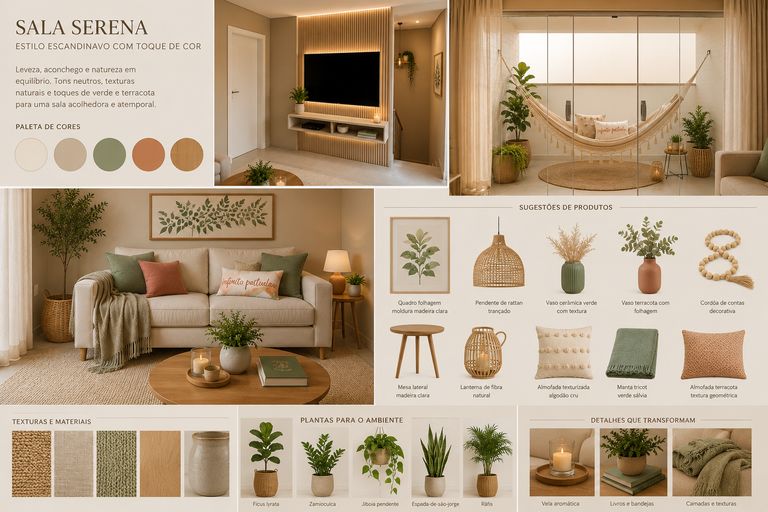 Moodboard final Sala Serena, estilo escandinavo com toque de cor